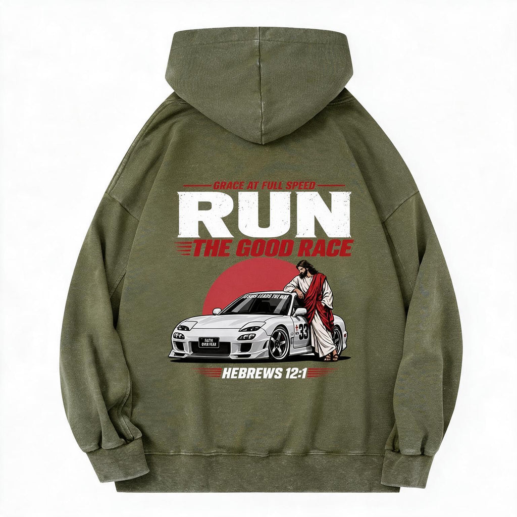 The Good Race Jesus Leads The Way Vintage Christian Washed Hoodie