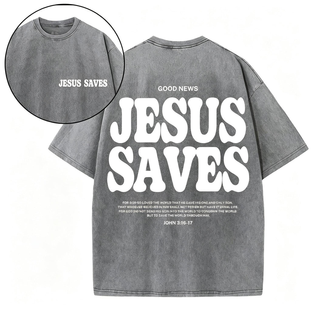 Unisex Jesus Saves Christian Washed Loose Fit Vintage Cotton Graphic T-Shirt
