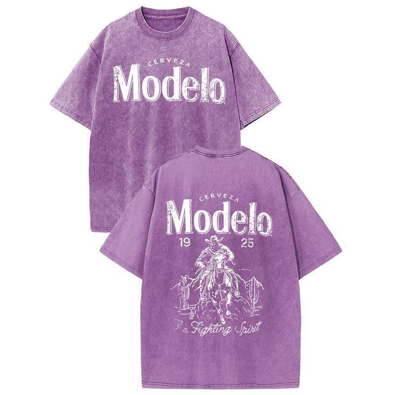 Modelo Cowboy Graphic Tee - 230g Heavyweight Vintage Washed Streetwear Shirt, Y2K Oversized Retro Cotton Top, Men's Summer Casual Desert Scene Graphic T-Shirt