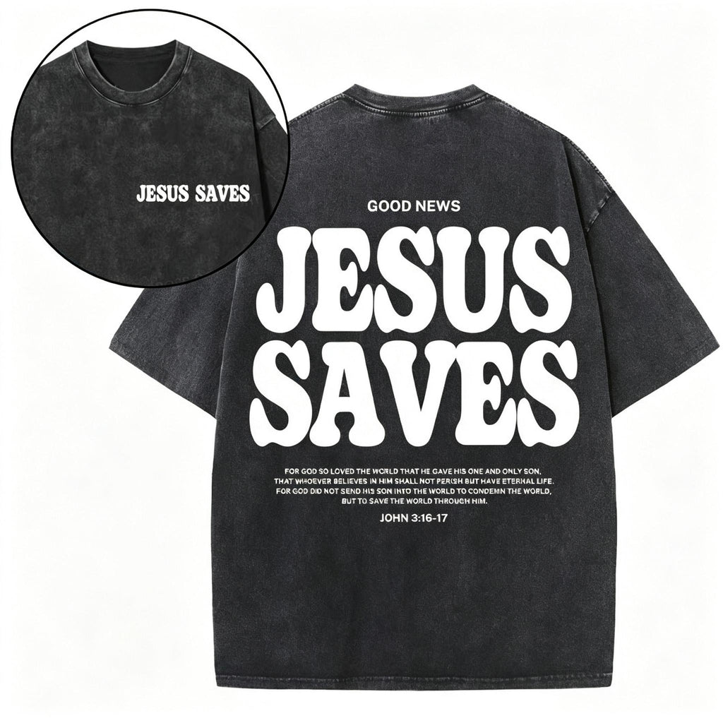 Unisex Jesus Saves Christian Washed Loose Fit Vintage Cotton Graphic T-Shirt
