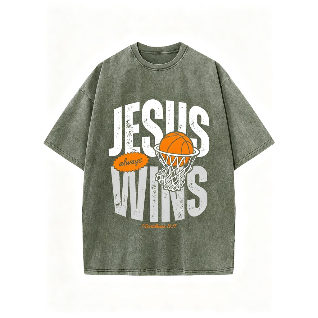 Jesus Always Wins Christian Washed T-Shirt