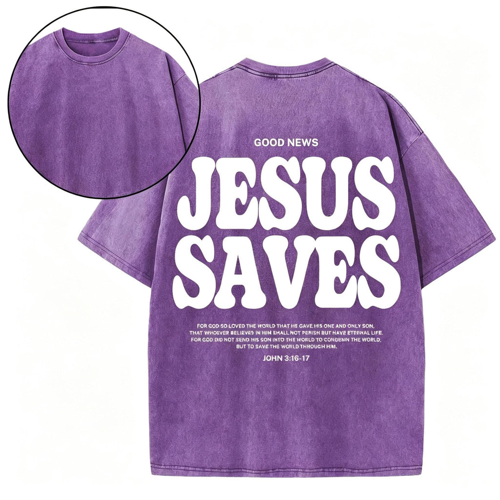 Unisex Jesus Saves Christian Washed Loose Fit Vintage Cotton Graphic T-Shirt