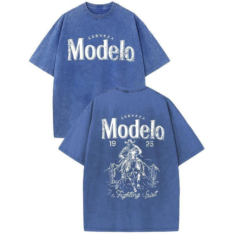 Modelo Cowboy Graphic Tee - 230g Heavyweight Vintage Washed Streetwear Shirt, Y2K Oversized Retro Cotton Top, Men's Summer Casual Desert Scene Graphic T-Shirt