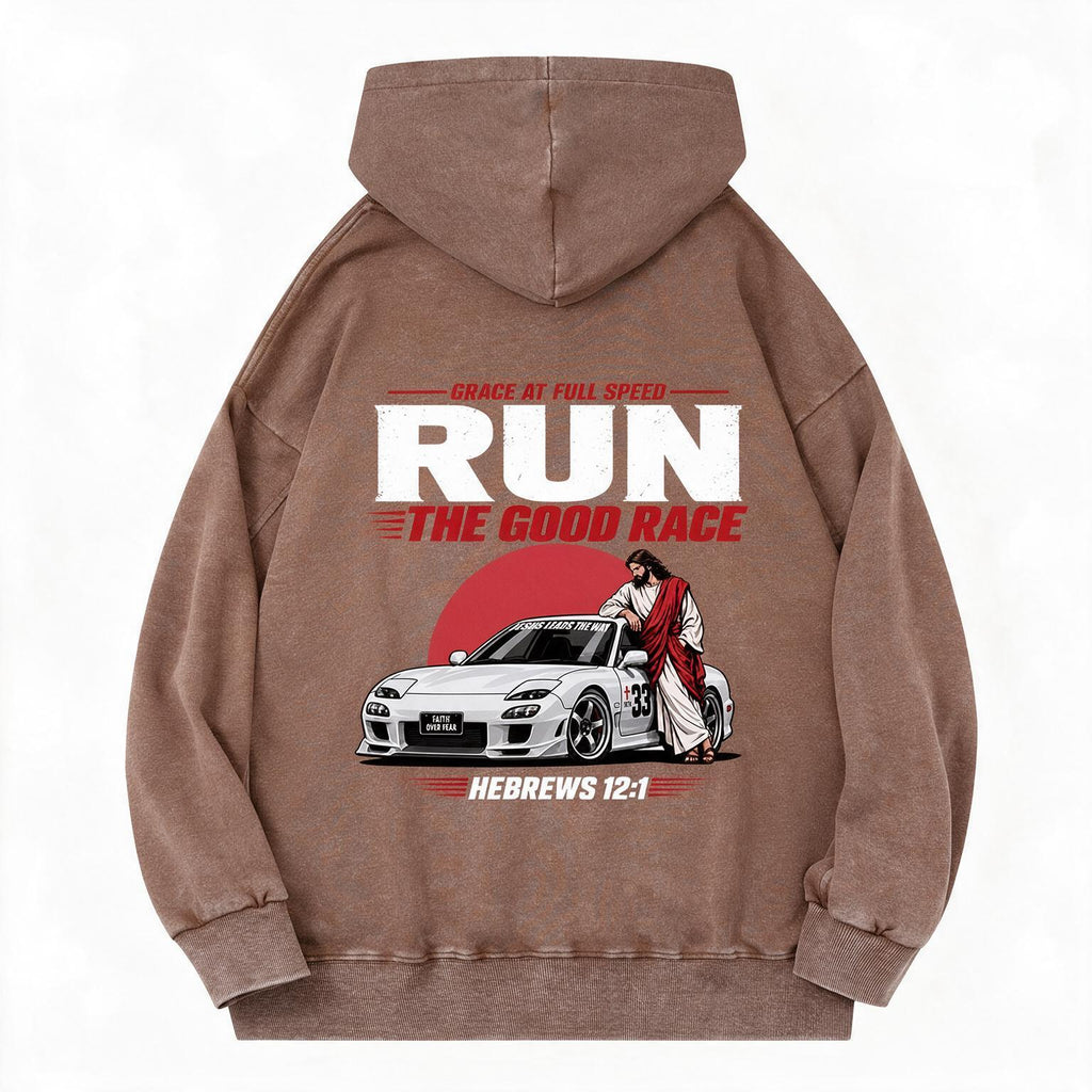 The Good Race Jesus Leads The Way Vintage Christian Washed Hoodie