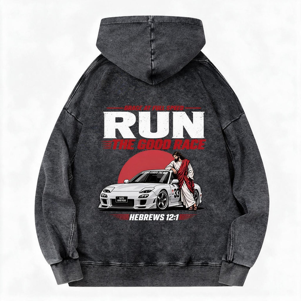 The Good Race Jesus Leads The Way Vintage Christian Washed Hoodie