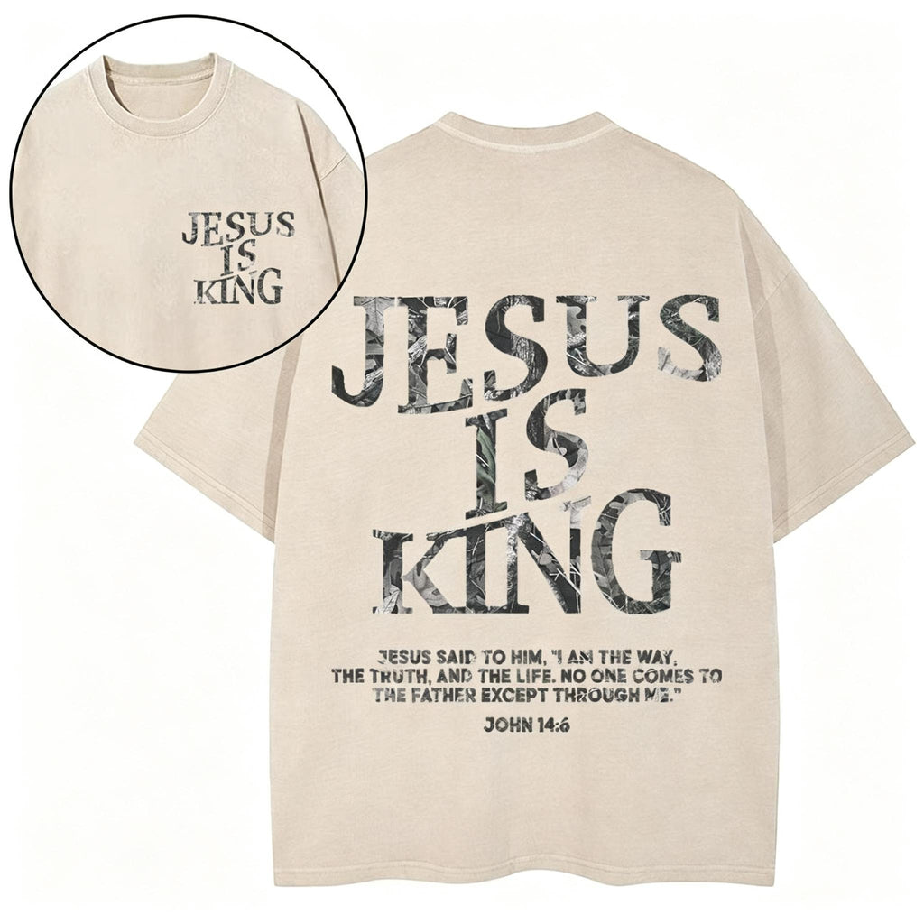 Jesus Is King Camo Christian Washed T-Shirt Oversized Streetwear Tee Jesus Tshirt