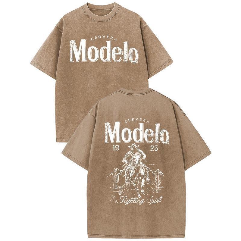 Modelo Cowboy Graphic Tee - 230g Heavyweight Vintage Washed Streetwear Shirt, Y2K Oversized Retro Cotton Top, Men's Summer Casual Desert Scene Graphic T-Shirt