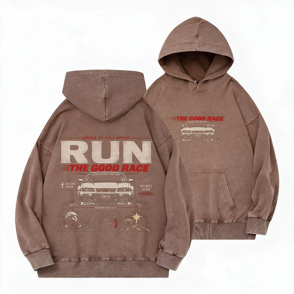 The Good Race Jesus Leads The Way Vintage Christian Washed Hoodie