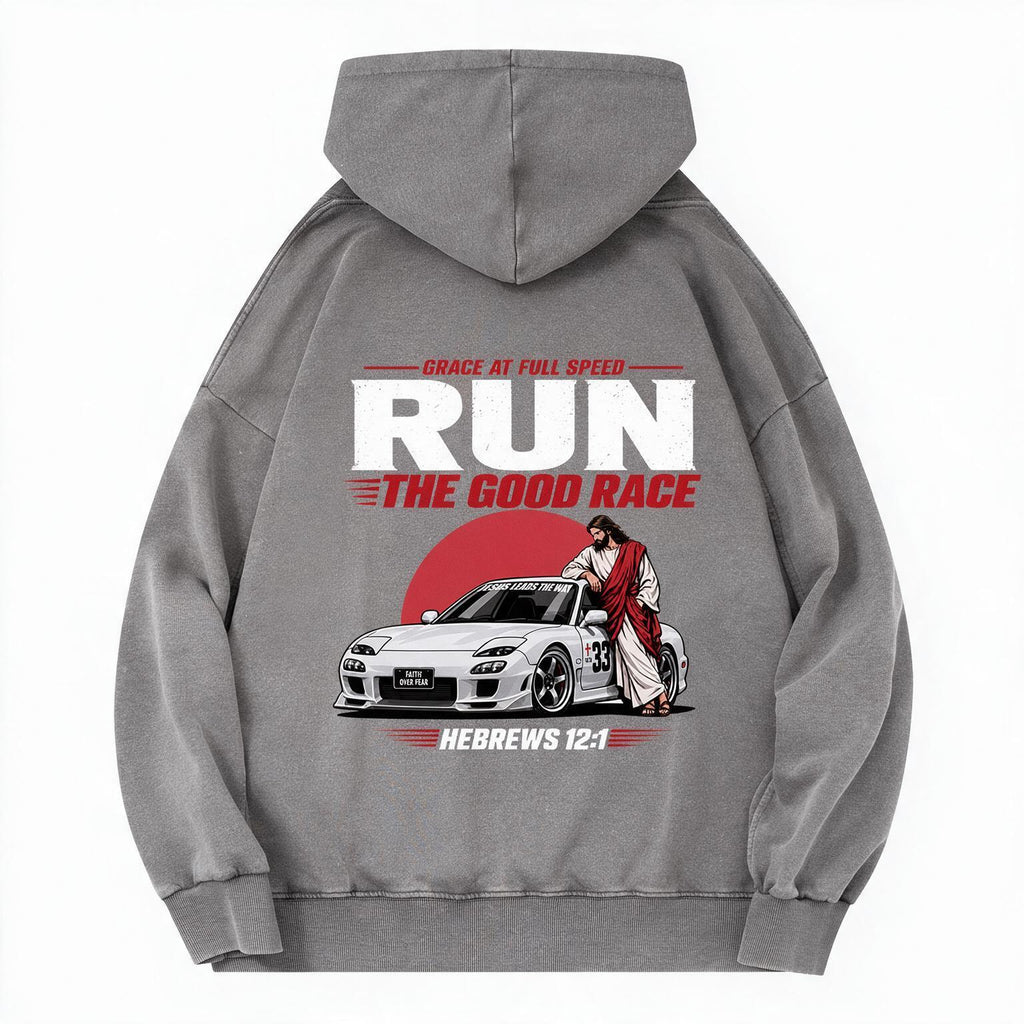 The Good Race Jesus Leads The Way Vintage Christian Washed Hoodie
