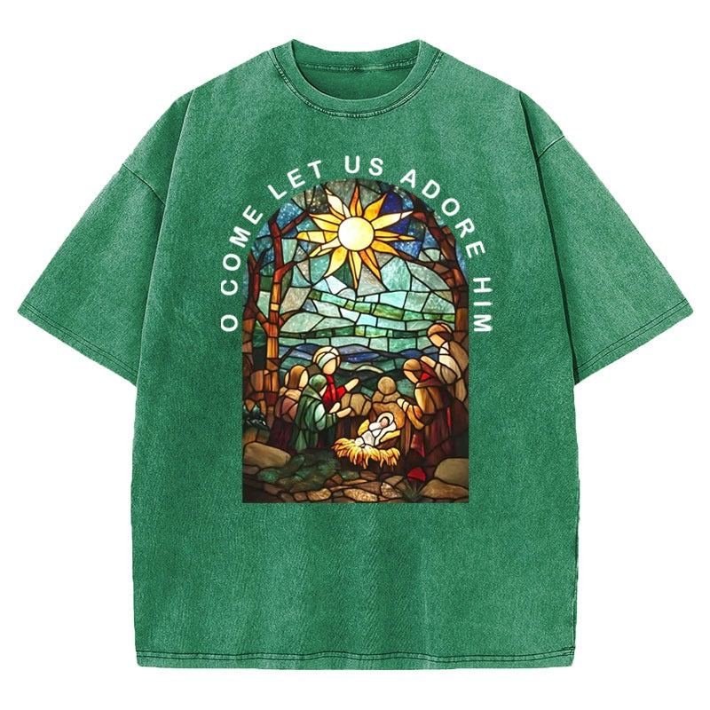 O Come Let Us Adore Him Christian Washed T-shirt