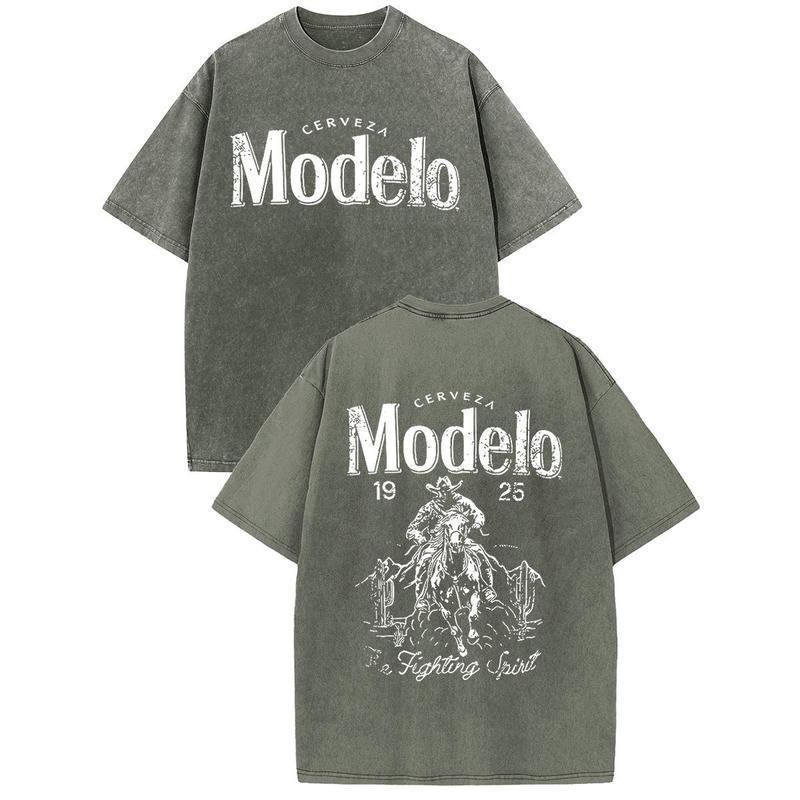 Modelo Cowboy Graphic Tee - 230g Heavyweight Vintage Washed Streetwear Shirt, Y2K Oversized Retro Cotton Top, Men's Summer Casual Desert Scene Graphic T-Shirt