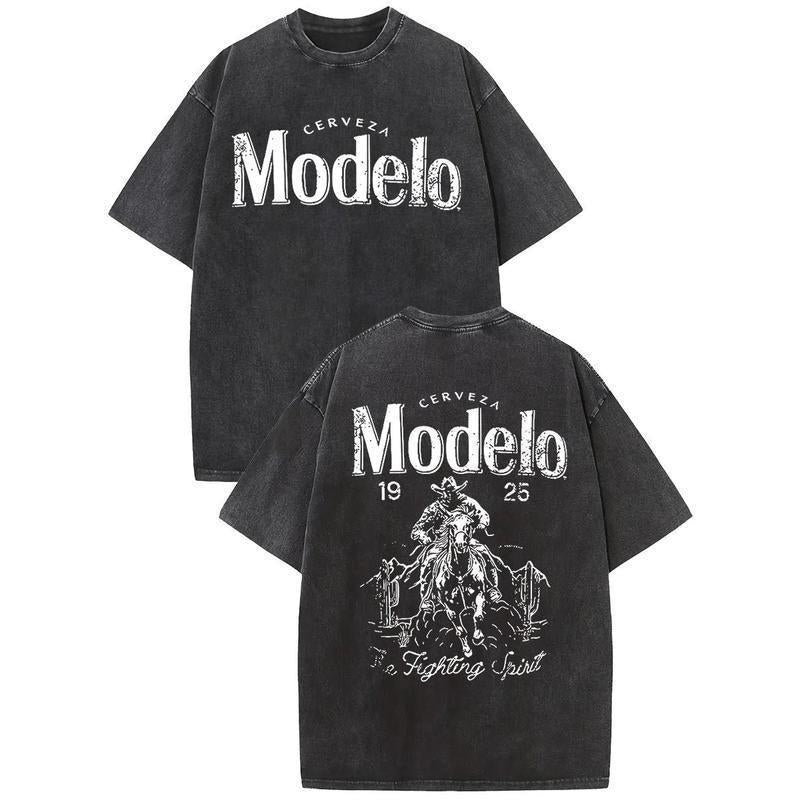 Modelo Cowboy Graphic Tee - 230g Heavyweight Vintage Washed Streetwear Shirt, Y2K Oversized Retro Cotton Top, Men's Summer Casual Desert Scene Graphic T-Shirt