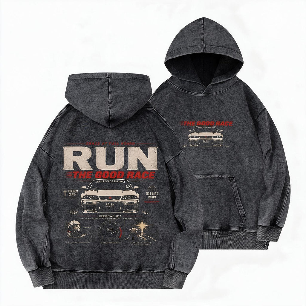 The Good Race Jesus Leads The Way Vintage Christian Washed Hoodie