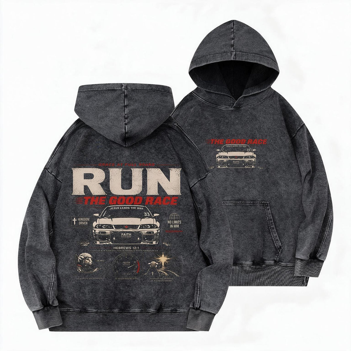 The Good Race Jesus Leads The Way Vintage Christian Washed Hoodie