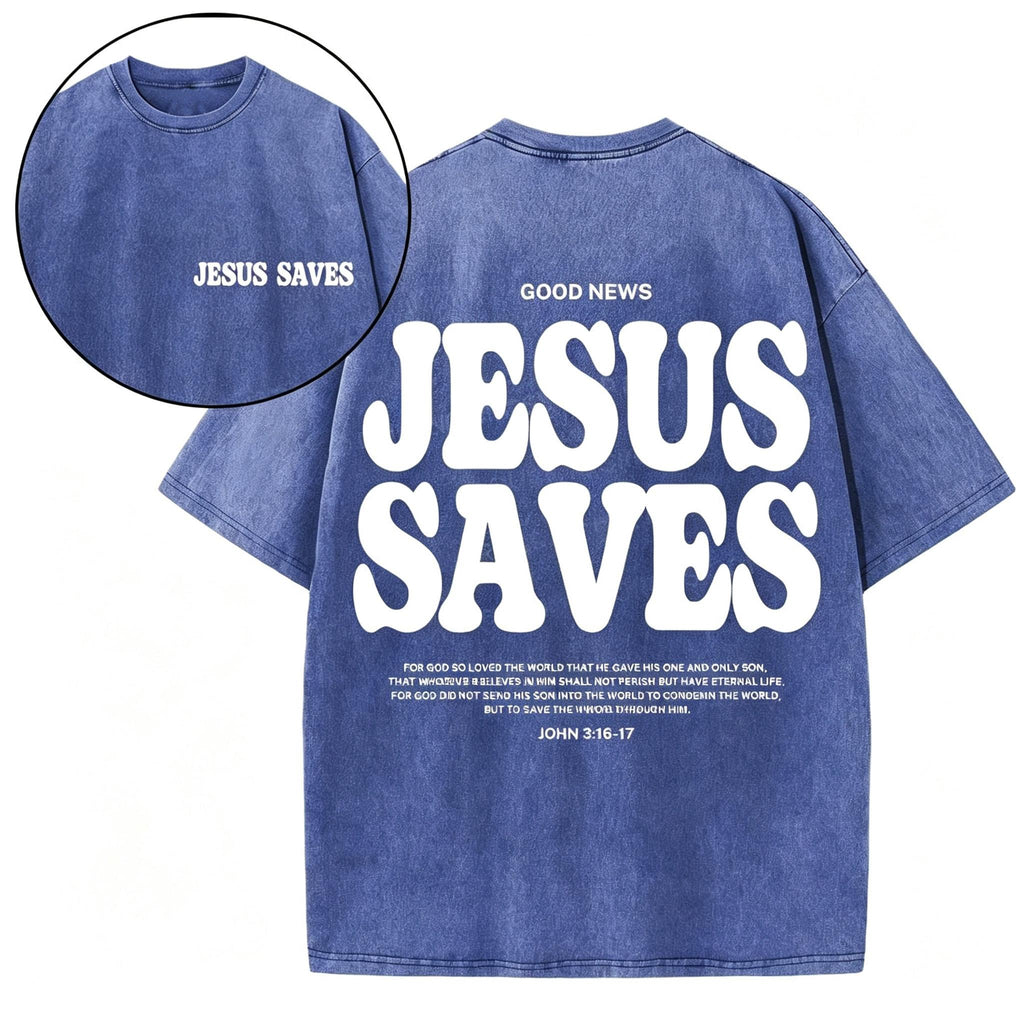 Unisex Jesus Saves Christian Washed Loose Fit Vintage Cotton Graphic T-Shirt