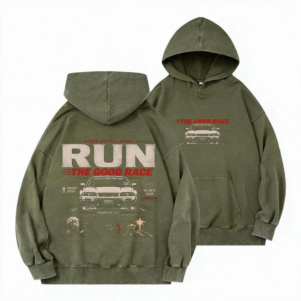 The Good Race Jesus Leads The Way Vintage Christian Washed Hoodie