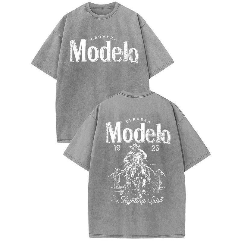 Modelo Cowboy Graphic Tee - 230g Heavyweight Vintage Washed Streetwear Shirt, Y2K Oversized Retro Cotton Top, Men's Summer Casual Desert Scene Graphic T-Shirt